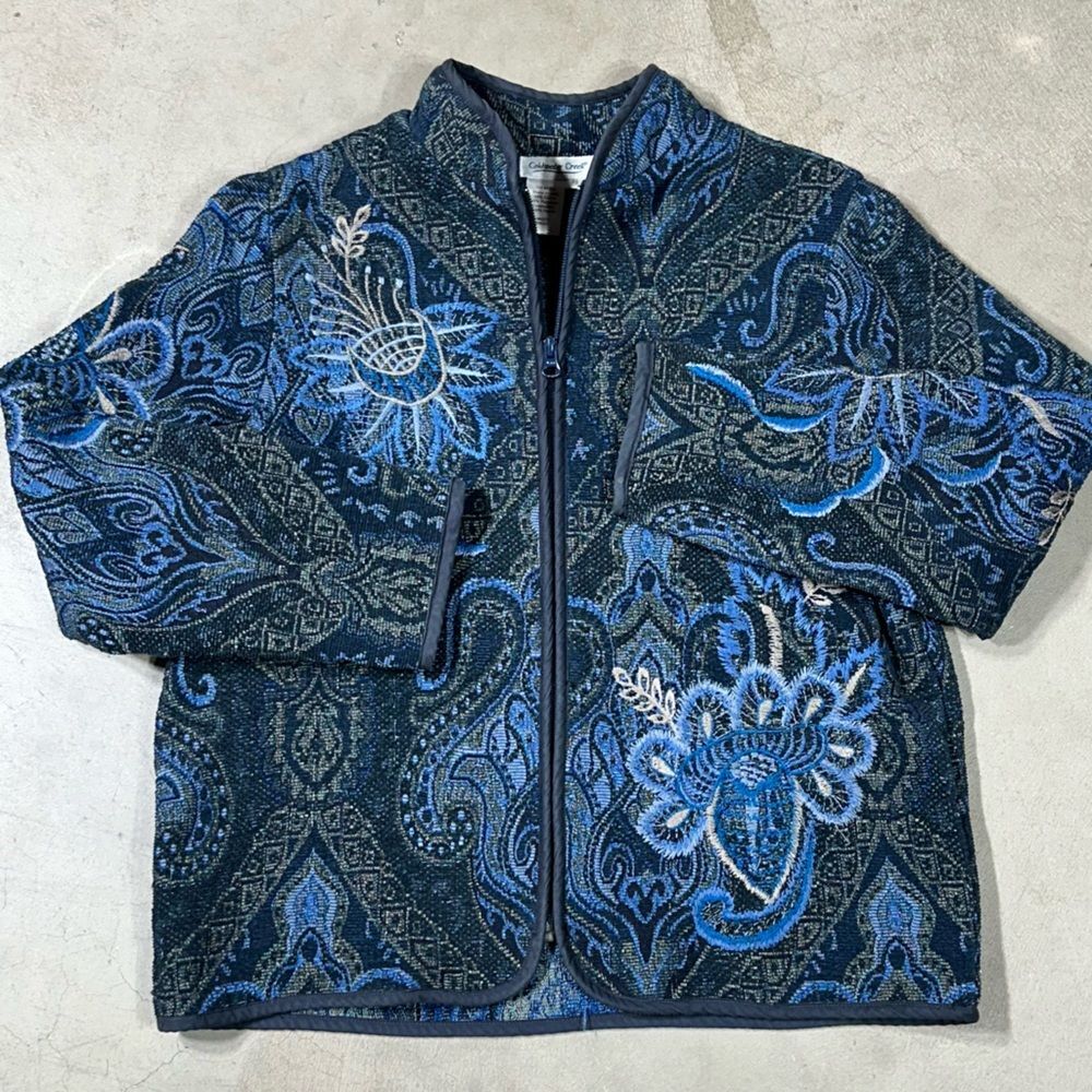 Coldwater Creek Blue Embroidered Paisley Womens Small PETITE Cardigan Jacket